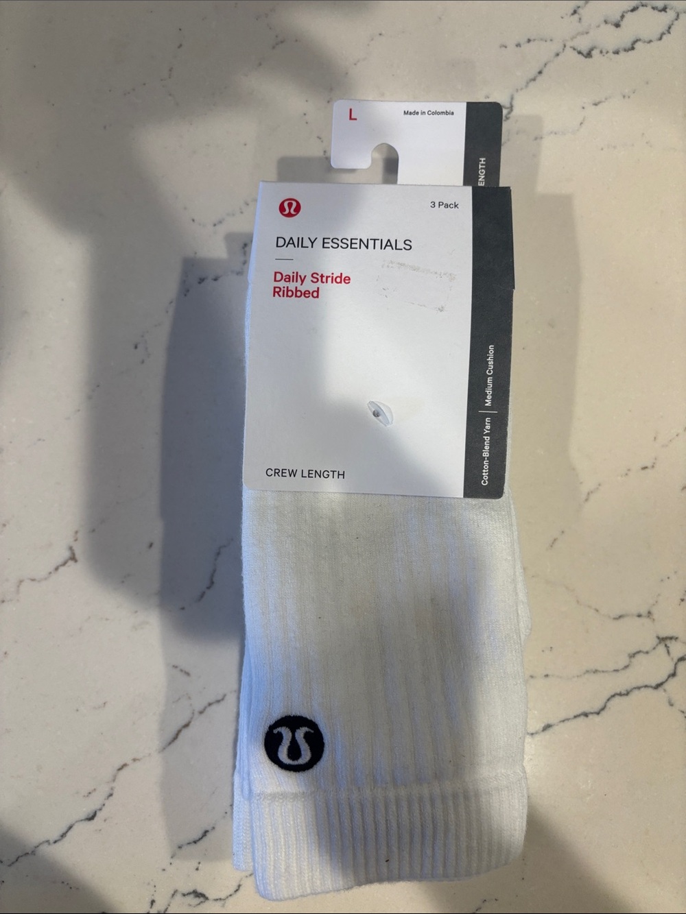 lululemon Daily Essentials White Ribbed Crew Socks, 3-Pack, Sz L, NWT